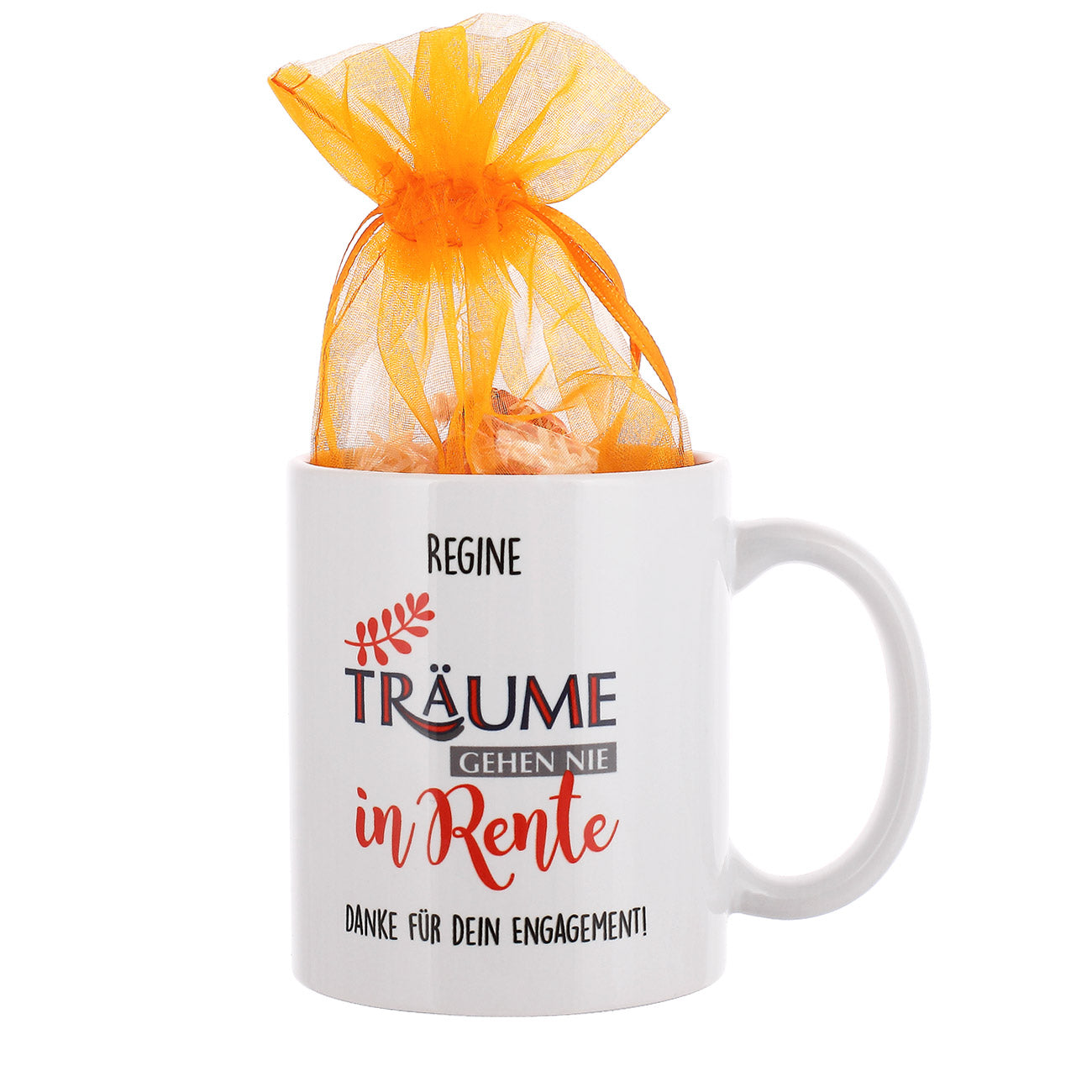 Bedruckte Tasse zur Rente mit Lindor-Kugeln