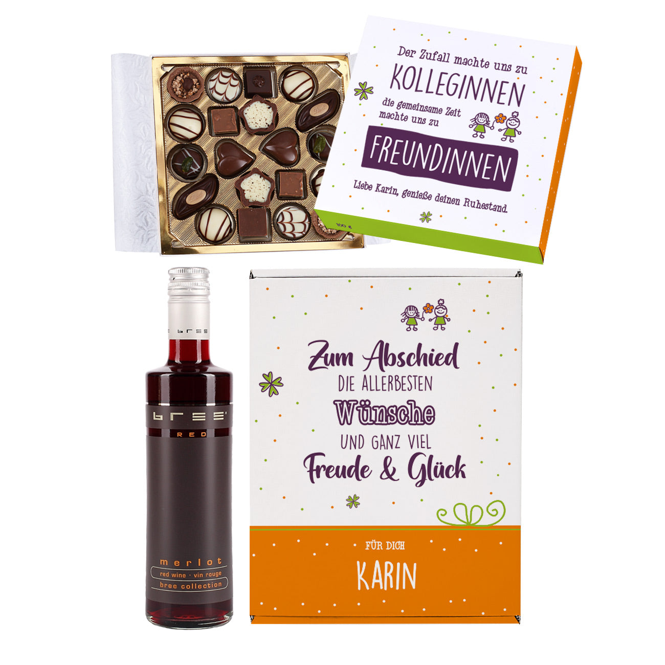 Kolleginnen-Abschiedsgeschenk im Set mit Lindt Pralinen und Wein in Geschenkbox