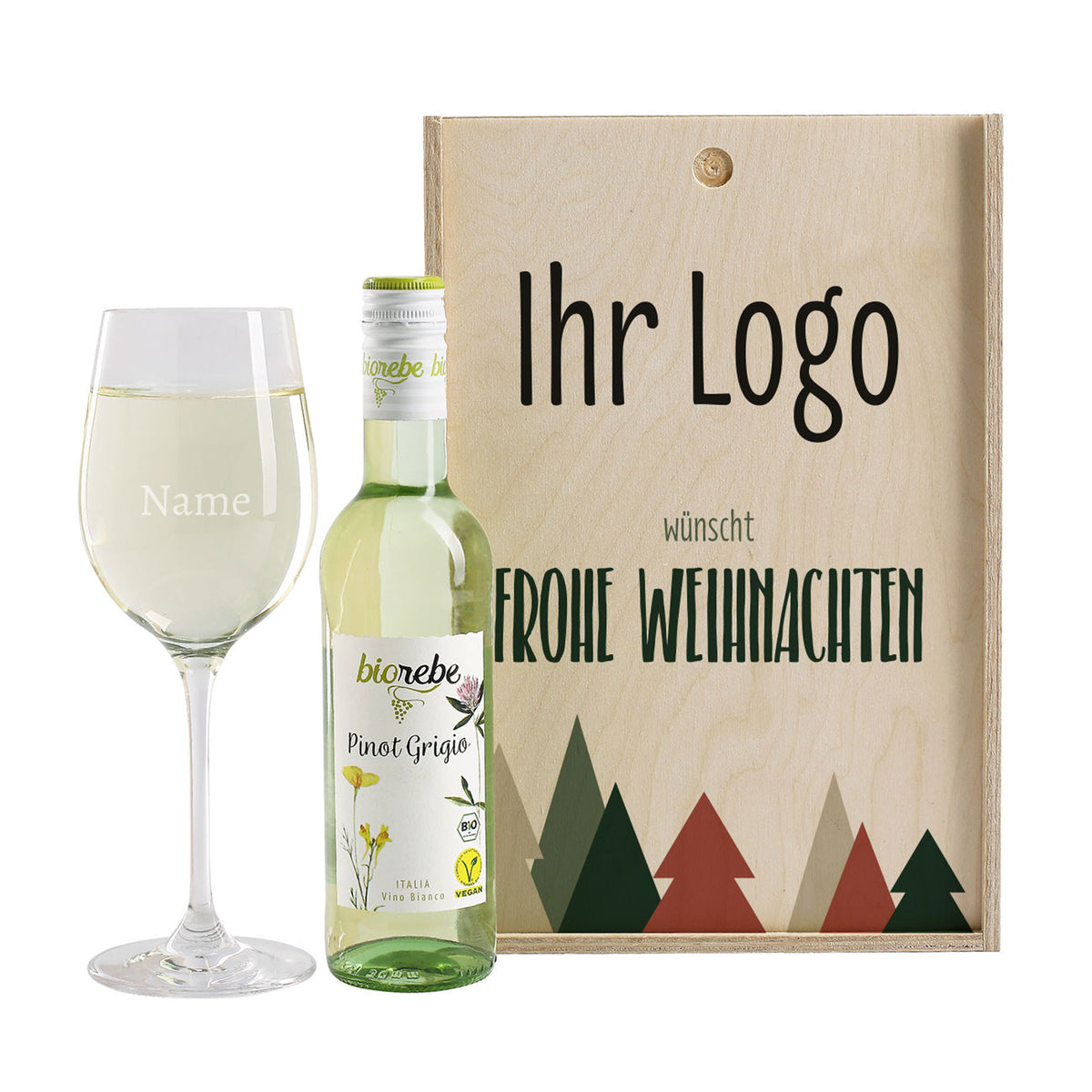 Geschenkset zu Weihnachten mit Holzbox, Weinglas und Wein