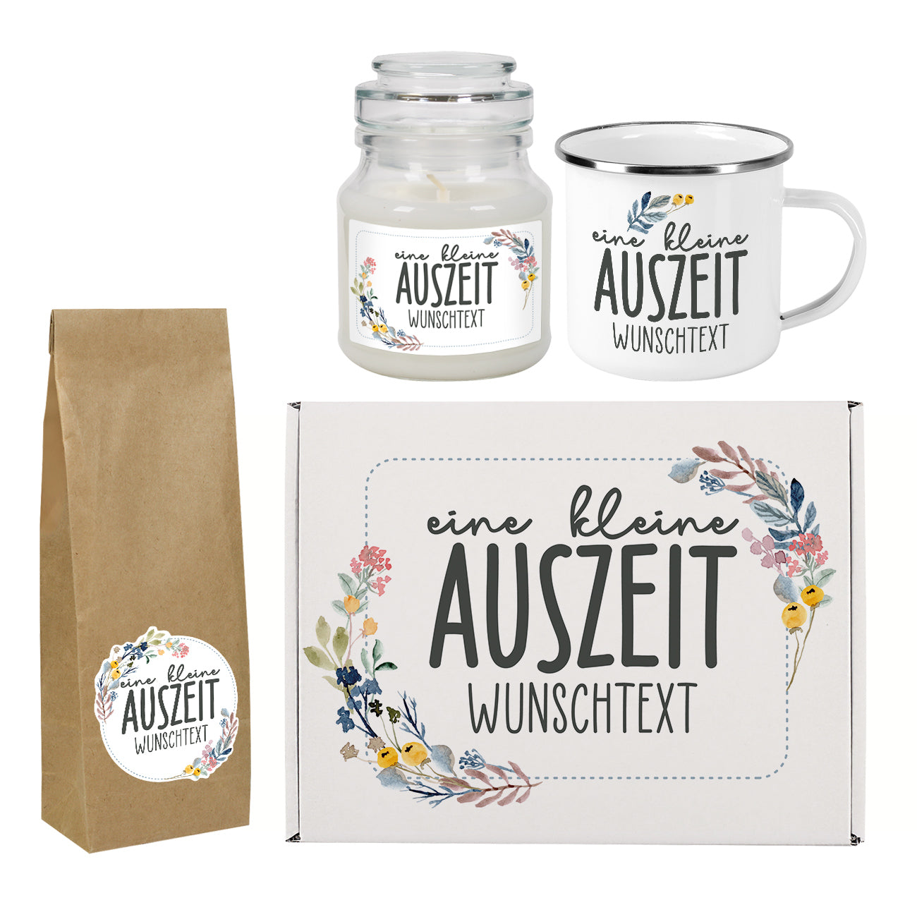 "kleine Auszeit" Geschenkset mit Tee, Tasse und Duftkerze für Mitarbeiter