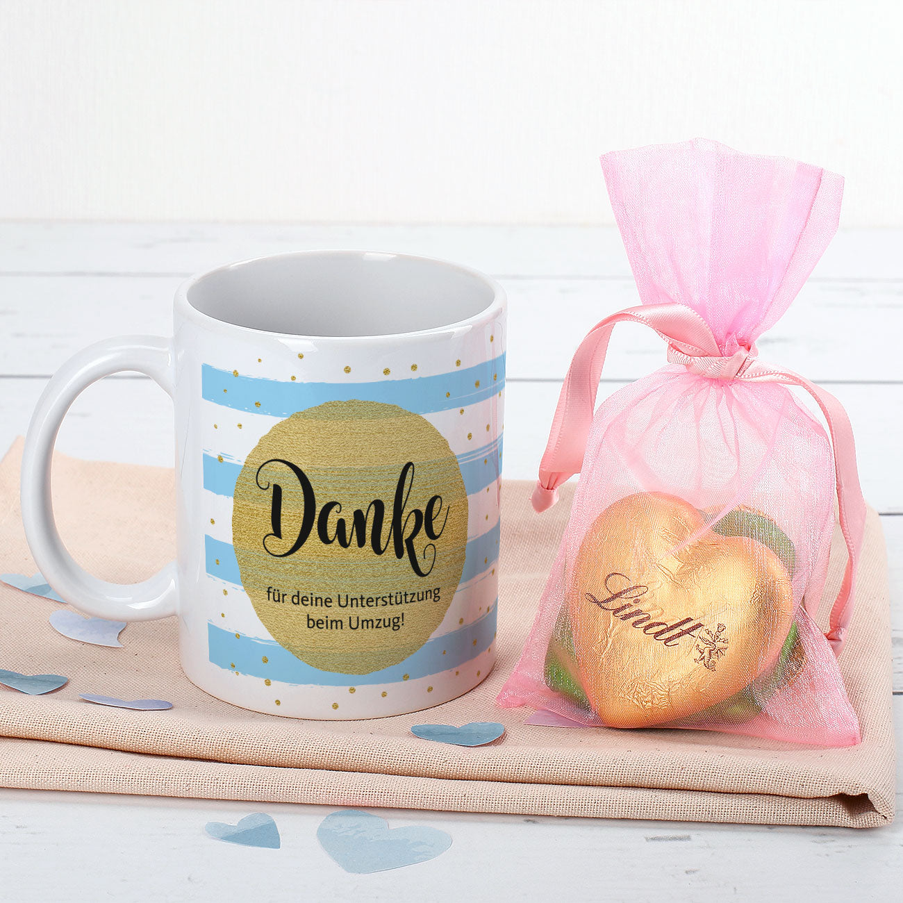 Tasse als "Dankeschön" - als Variante mit Lindt Herzen gefüllt
