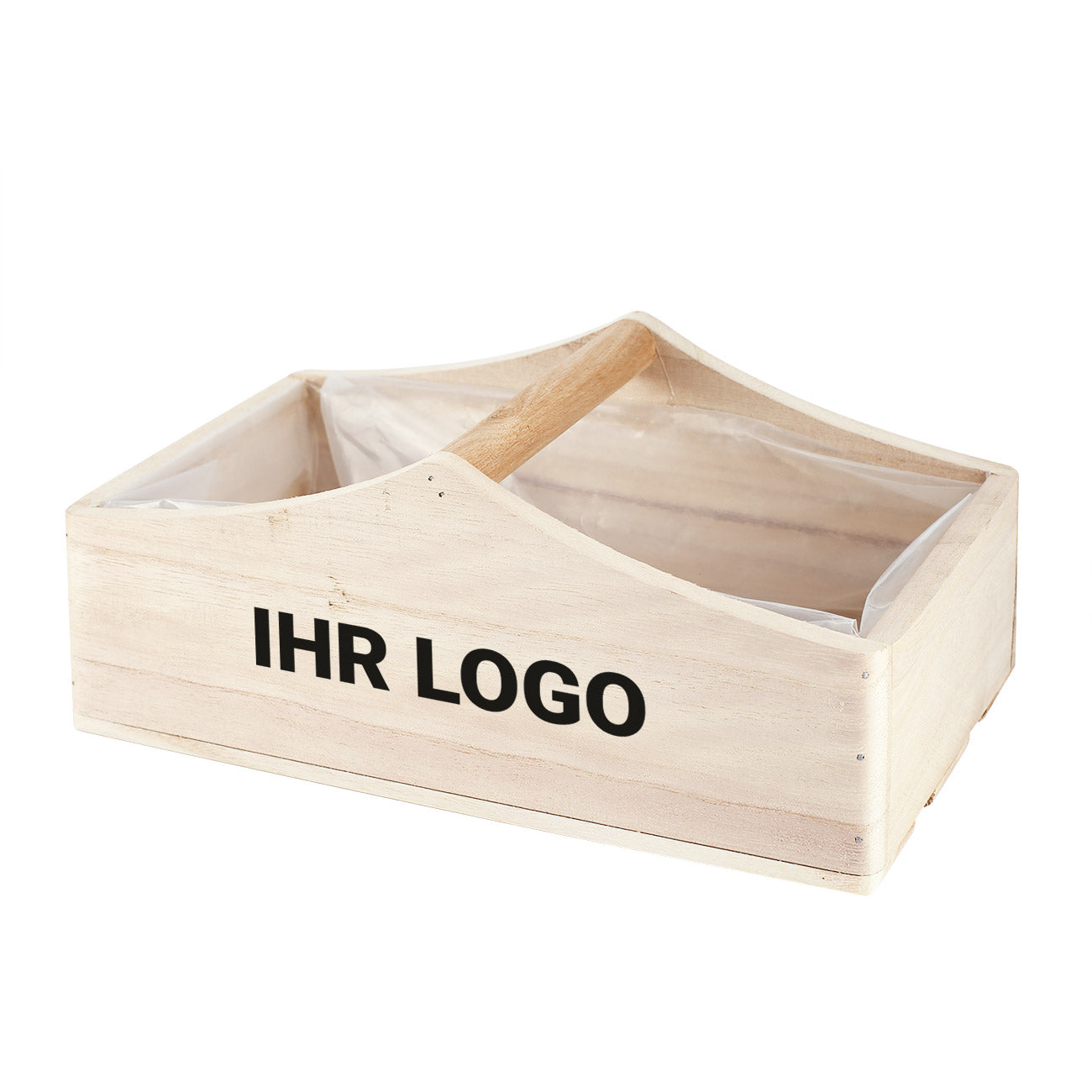 Holzkiste mit einem Griff und mit Logo bedruckt