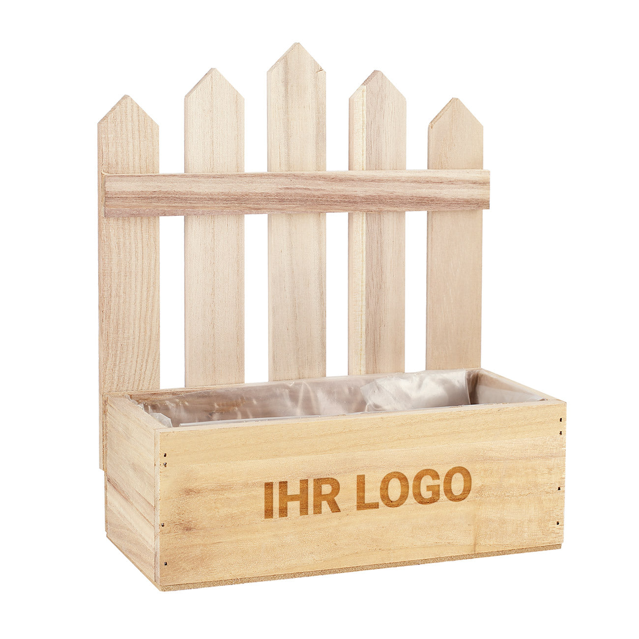 Pflanzkiste mit Zaun aus Holz und graviertem Logo
