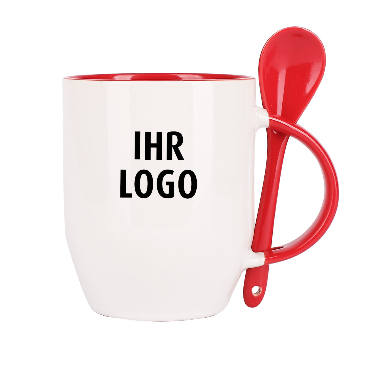Löffeltasse mit rotem Rand und Henkel, inkl. Druck des Firmenlogos