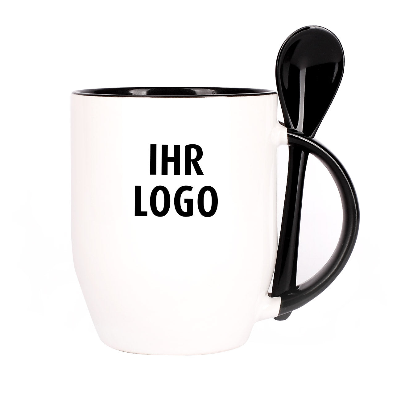 Löffeltasse mit schwarzem Rand und Henkel, inkl. Druck des Firmenlogos