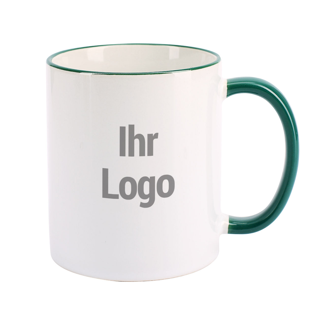 Tasse mit dunkelgrünem Rand und Henkel inkl. Druck des Logos