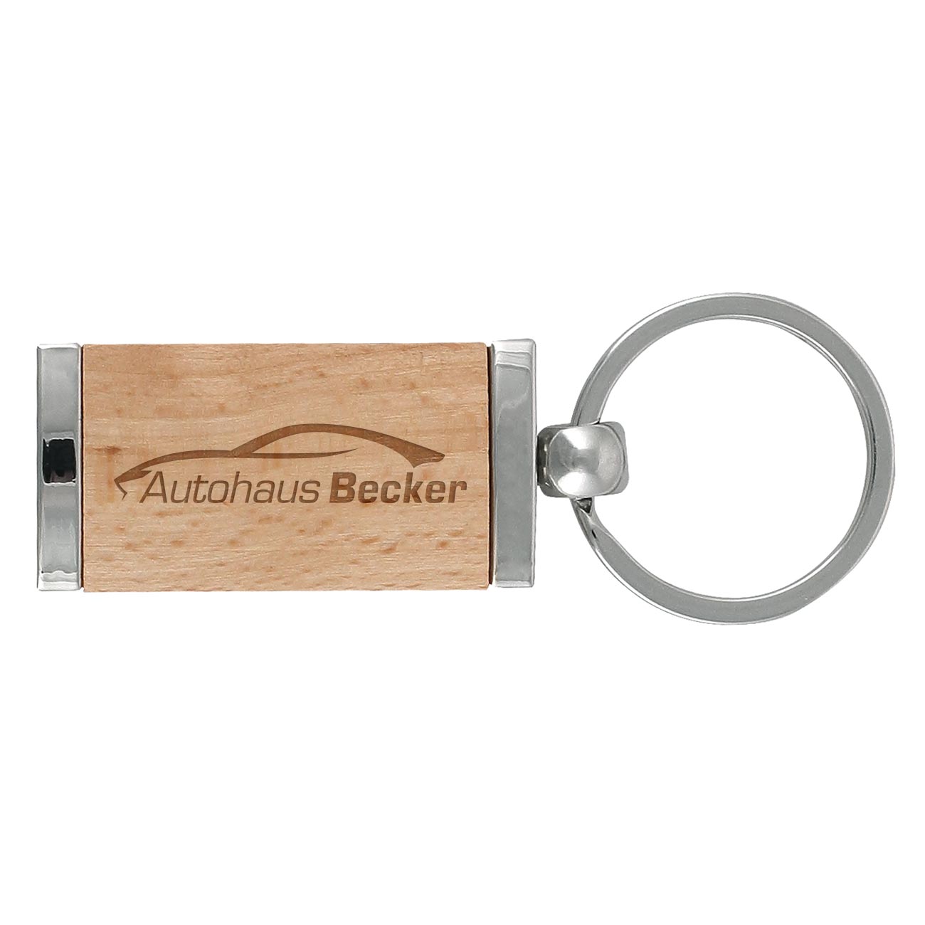 Metall Schlüsselanhänger mit graviertem Holzeinsatz und eigenem Firmen- und Unternehmenslogo Beispiel Autohaus