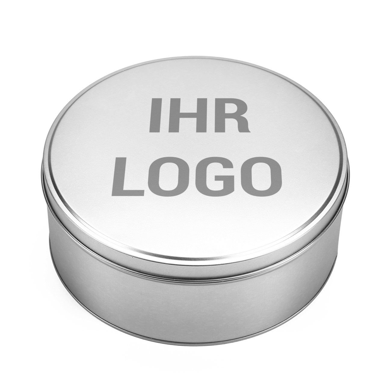 Runde Metalldose mit Firmenlogo bedruckt