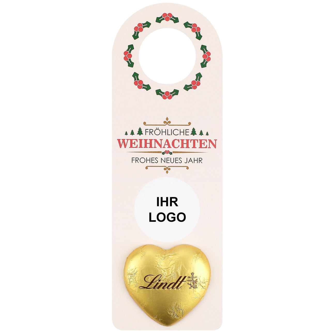 Flaschenanhänger zu Weihnachten mit Firmenlogo und Lindt Herzen