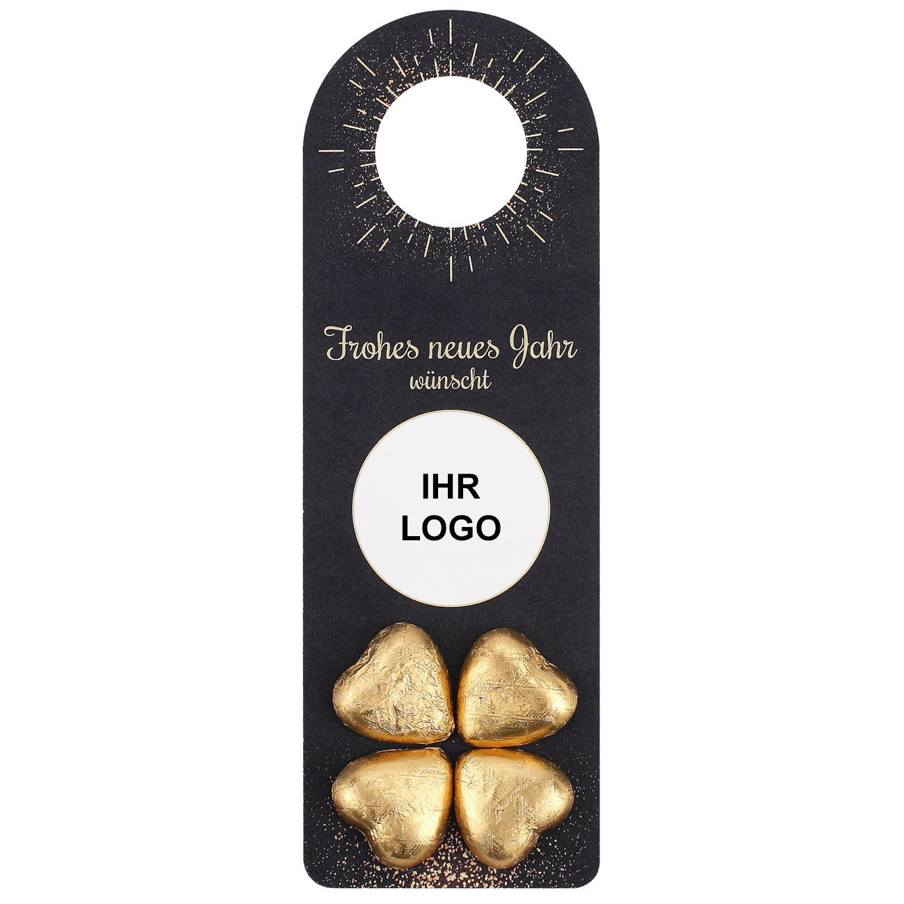 Flaschenanhänger zum neuen Jahr mit Firmenlogo und Lindt Schokolade