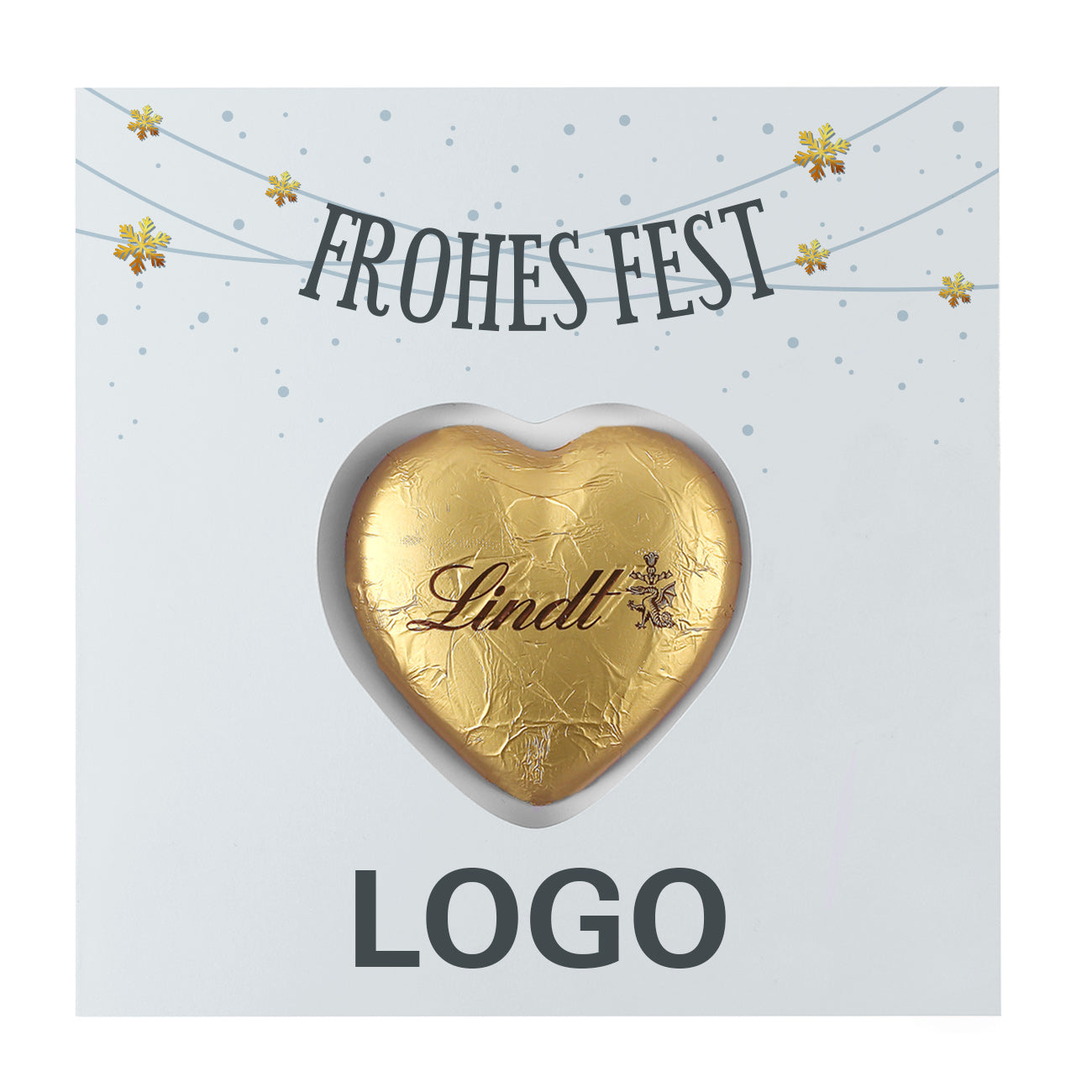 Klappkarte "Frohes Fest" mit Lindt Schoko Herz und Firmenlogo