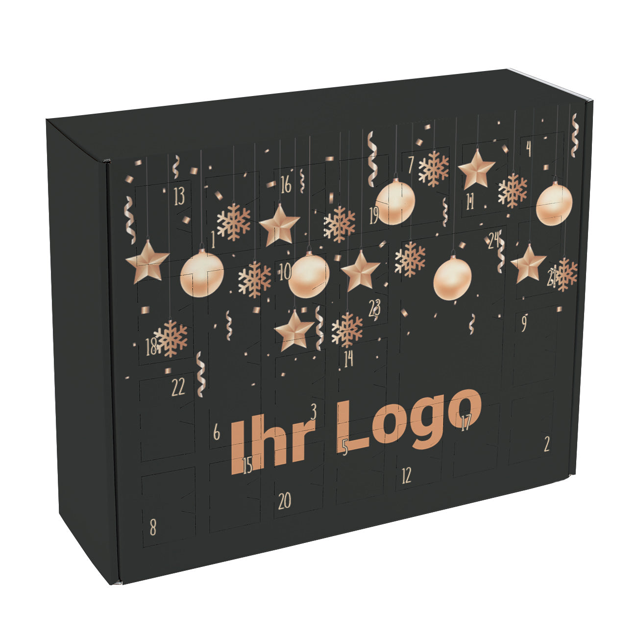 Adventskalender bedruckt mit Christbaumkugel und Firmenlogo zum Selbstbefüllen