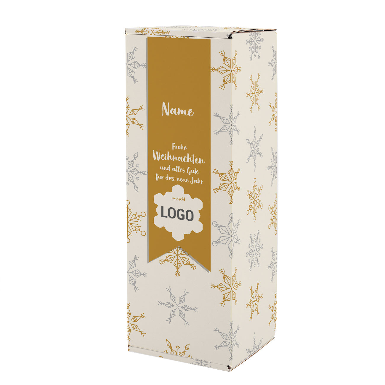 Geschenkverpackung mit Schneesternenmotiv, Firmenlogo und optional Name