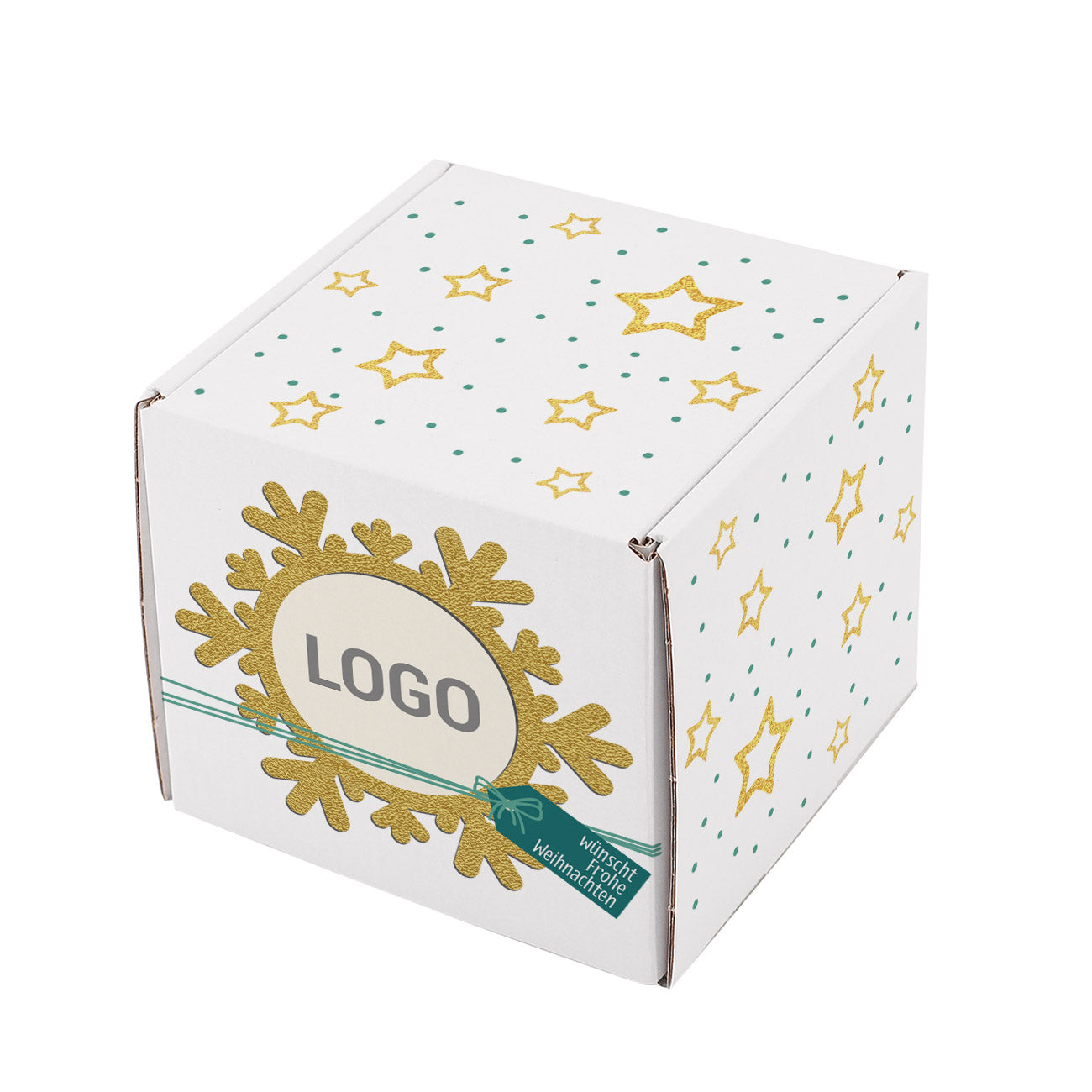 Geschenkset "große Schneeflocke" aus Tasse und Verpackung mit Logo