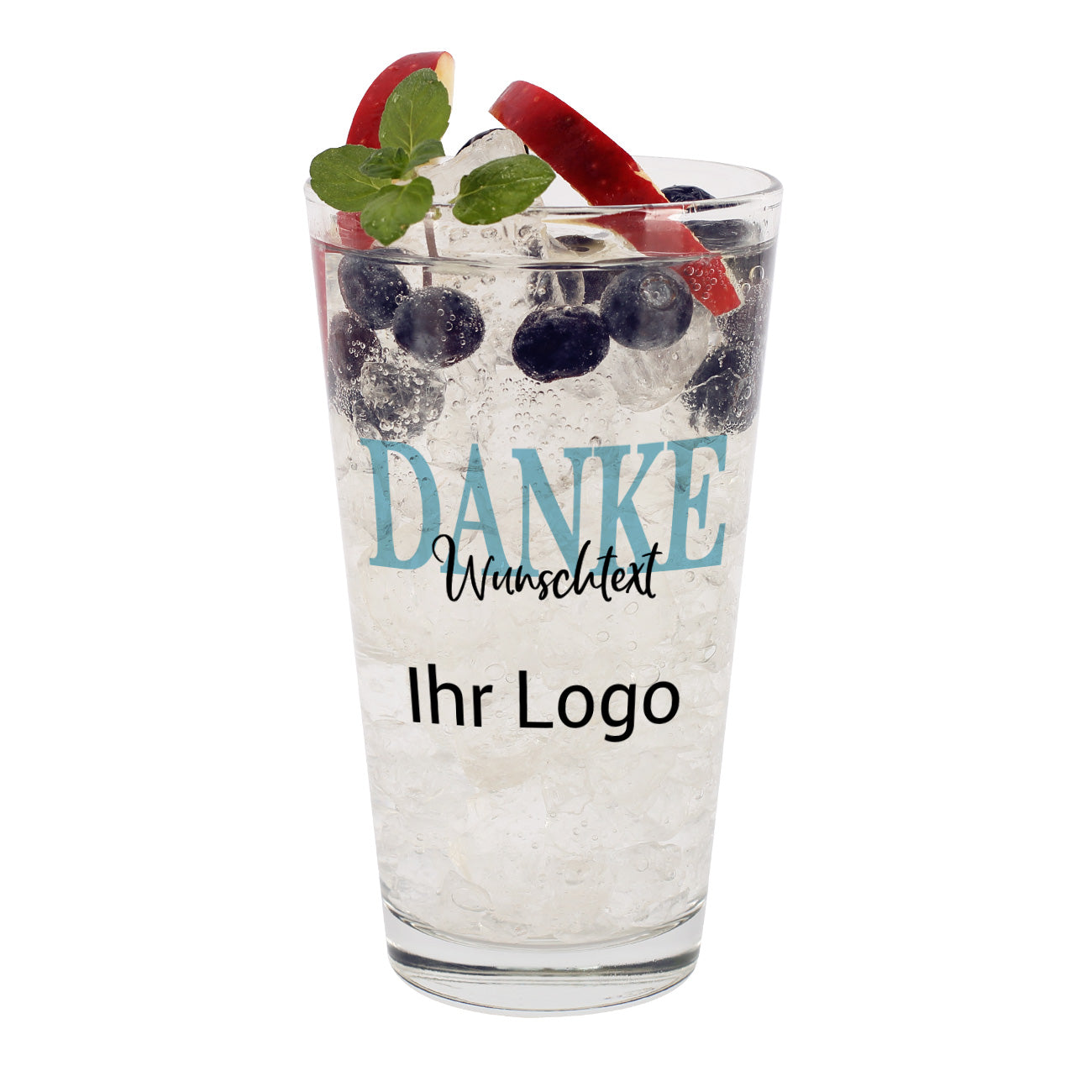 Bedrucktes Trinkglas "Danke" mit Wunschtext und Logo