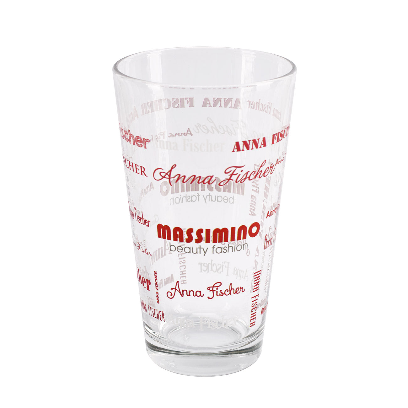 Trinkglas mit Name in verschiedenen Schriftarten und Logo bedruckt