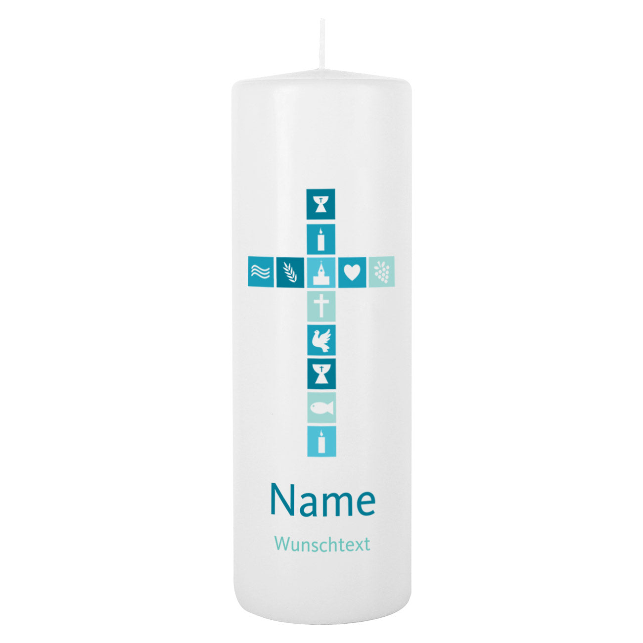 Konfirmationskerze mit Kreuz-Motiv in blau mit Name und Wunschtext personalisiert