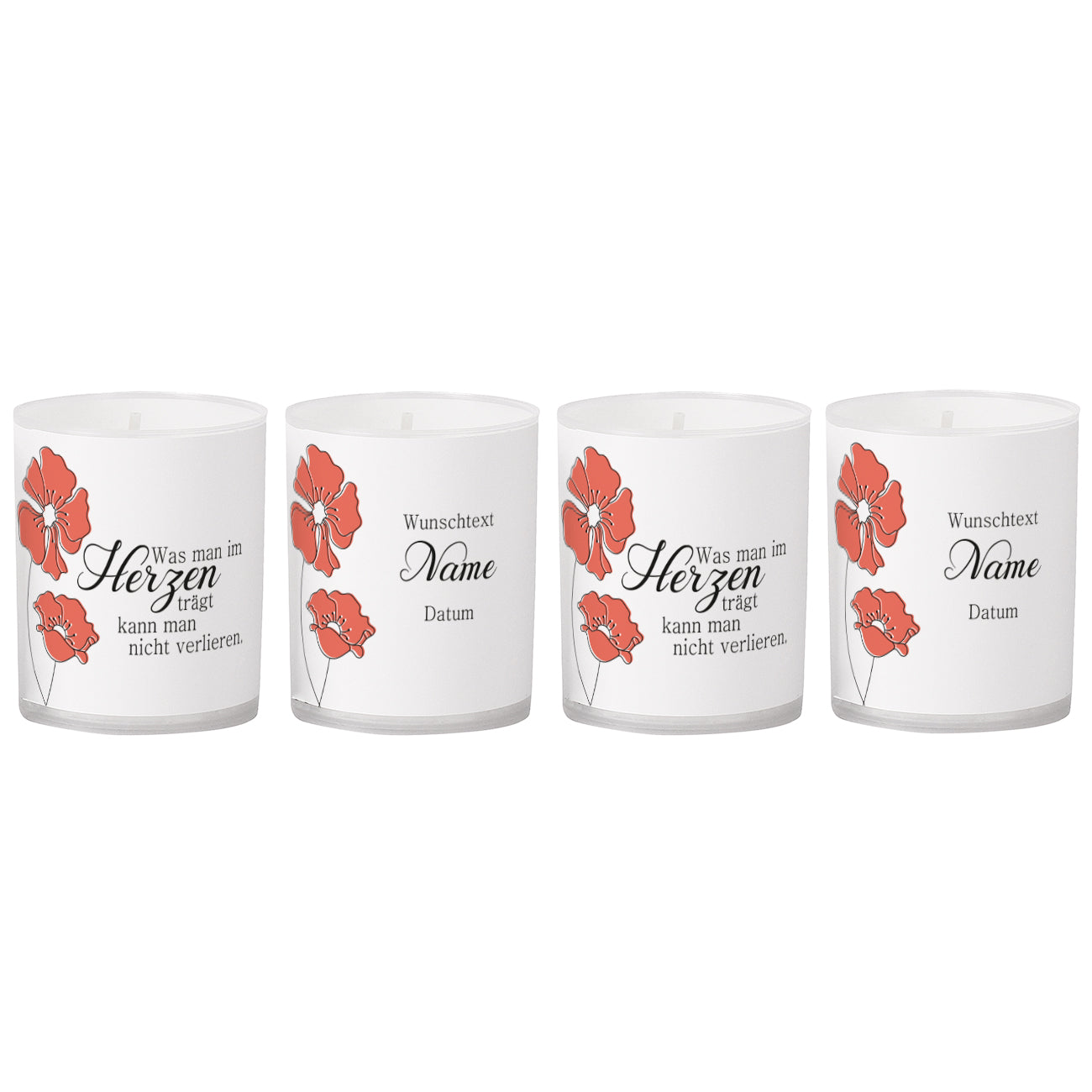 4 personaliserte Teelichter "Was man im Herzen trägt"