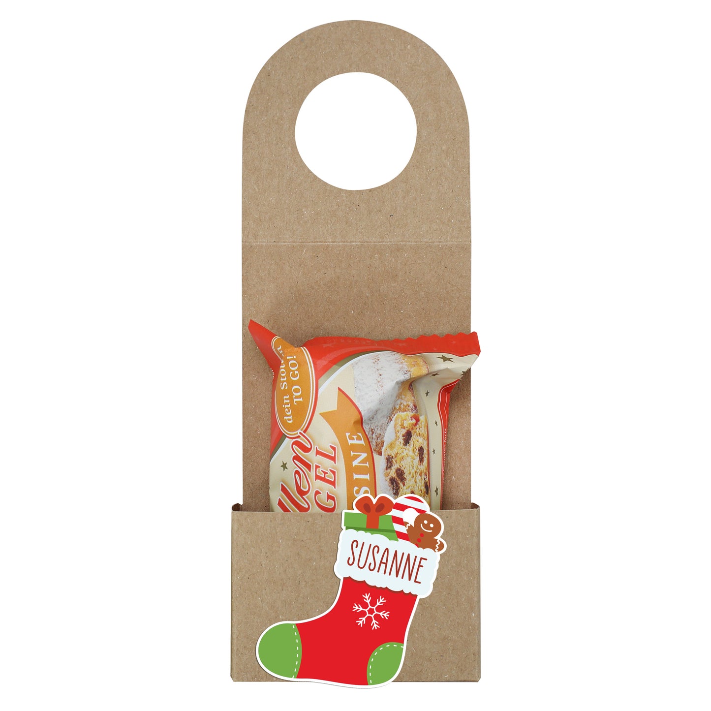 Flaschenanhänger "Stiefel" mit Wunschname und Stollen oder Schokoweihnachtsmann