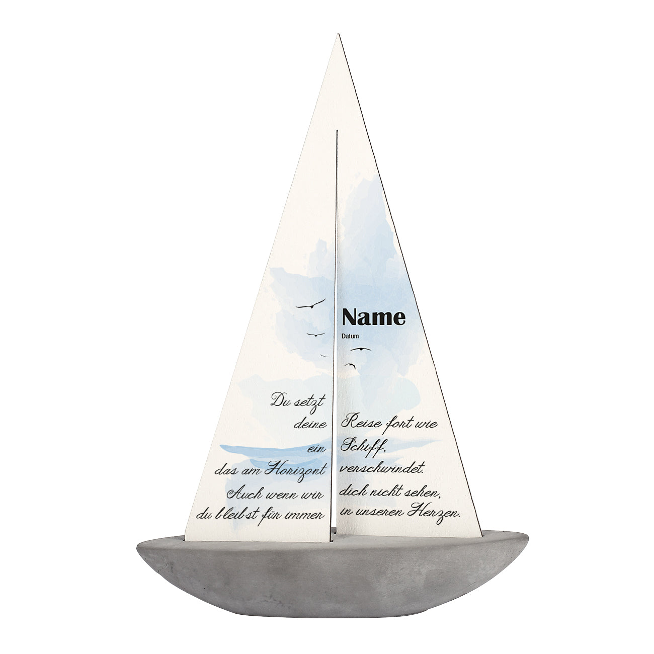 Bedrucktes Segelboot zum Gedenken mit Name und Datum