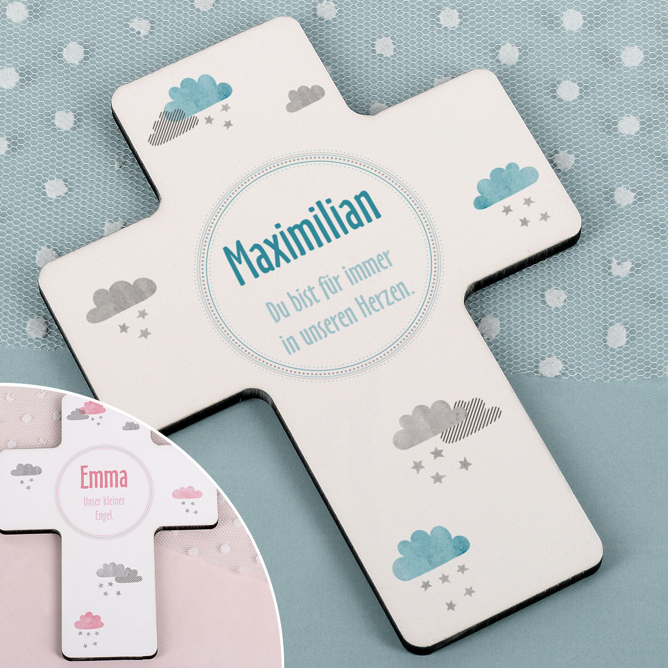 Personalisiertes Gedenkkreuz für Sternenkinder in blau oder rosa