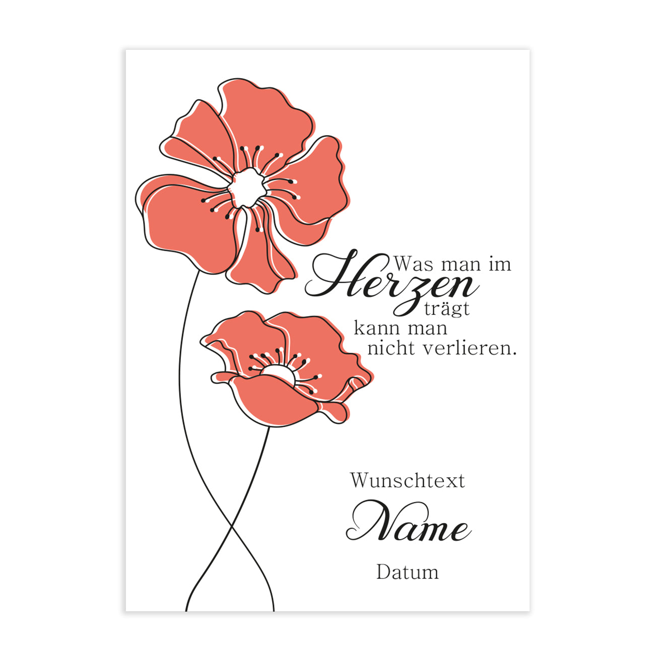 Trauerkarte mit Mohnblumen Motiv und persönlichen Daten blanko