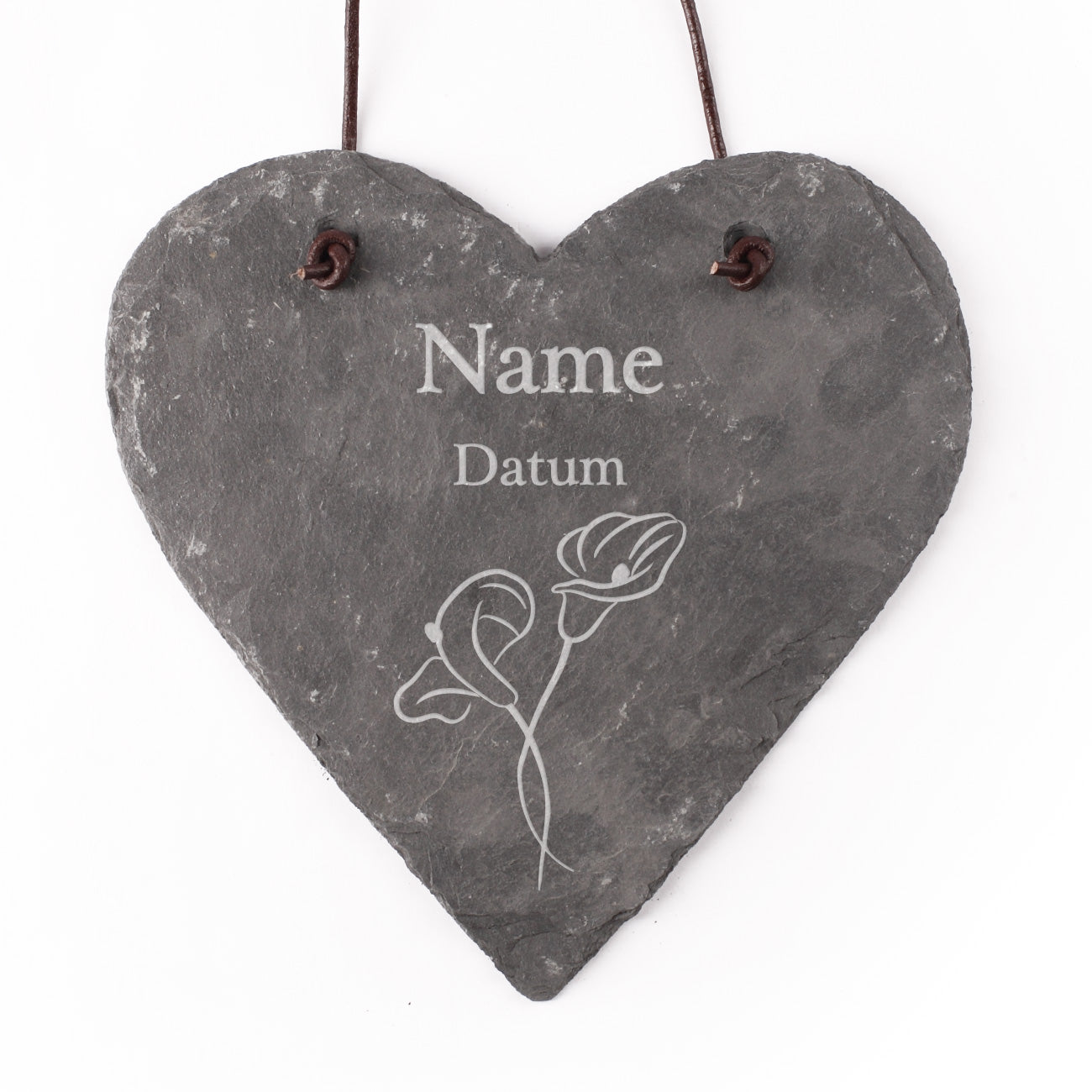 Gedenktafel mit Calla Blumen und Name