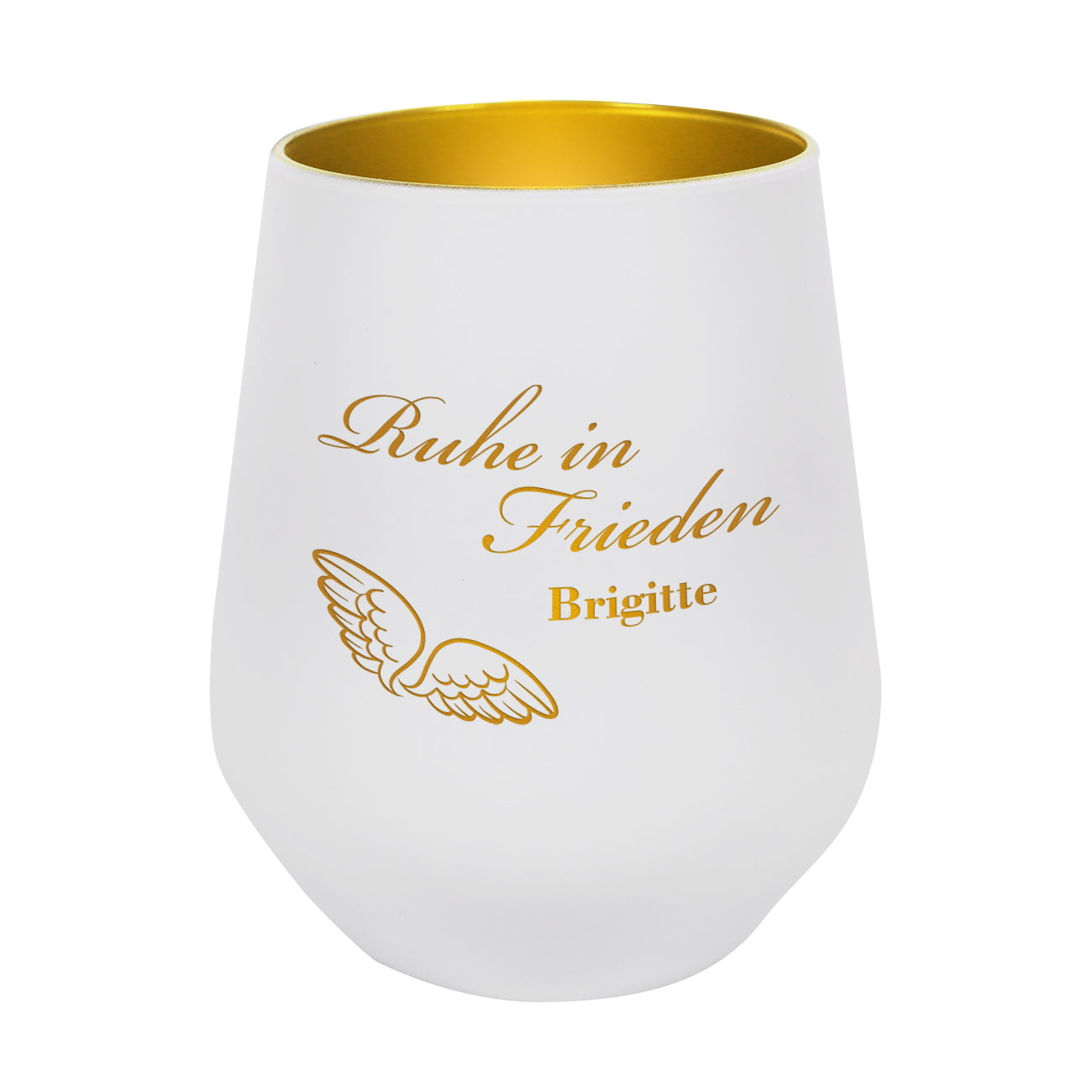 Weißes Windlicht "Ruhe in Frieden" mit Name und Engelsflügeln
