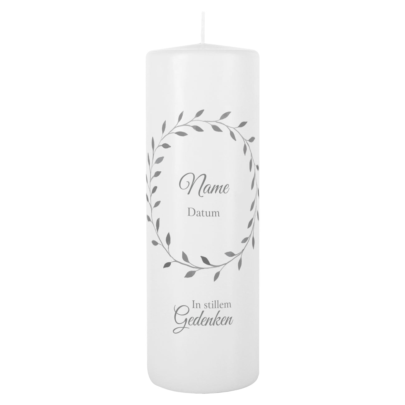 Trauerkerze mit schlichtem Blätterkranz und Name