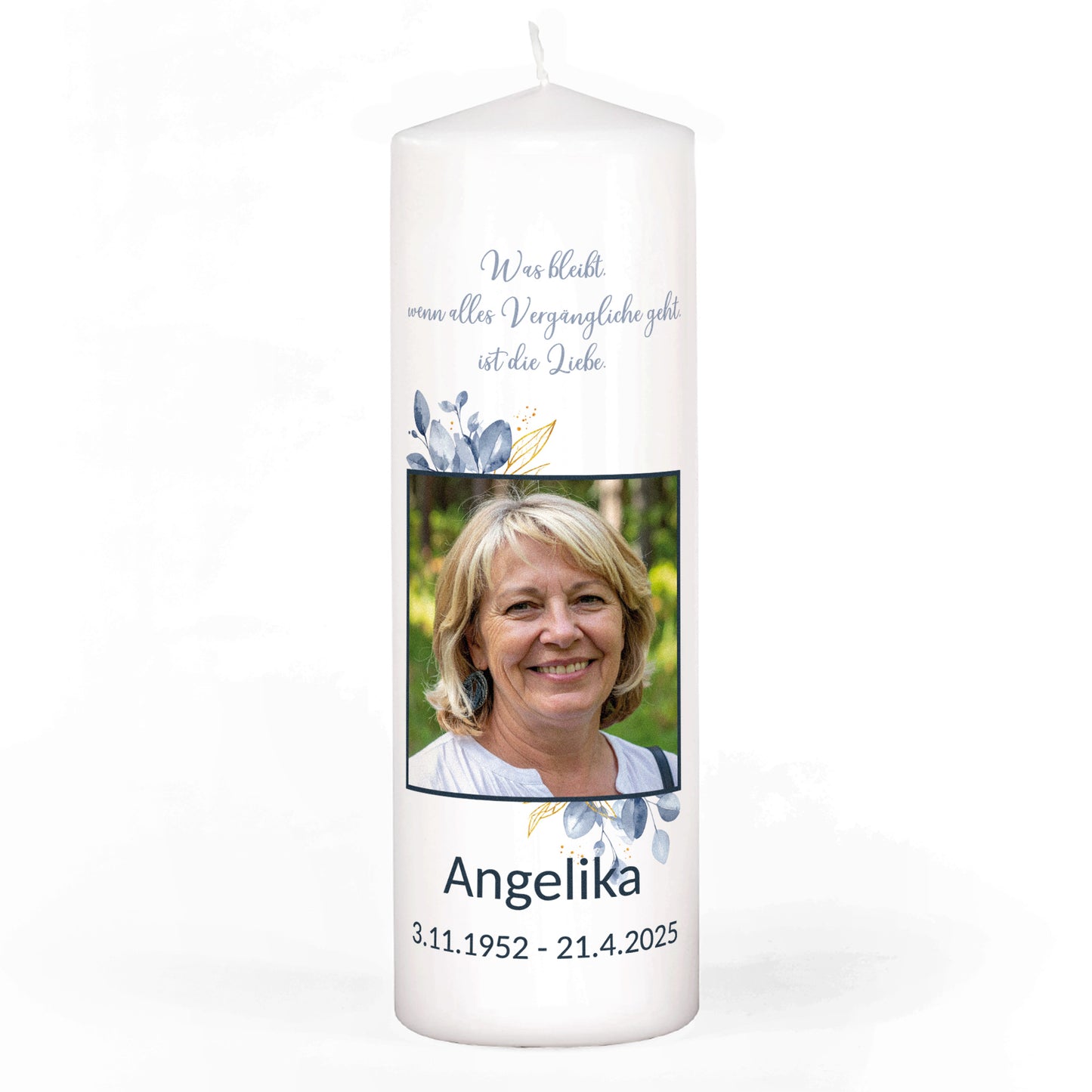 Trauerkerze mit Foto, Name und Datum - Gedenkkerze mit Blumenmotiv