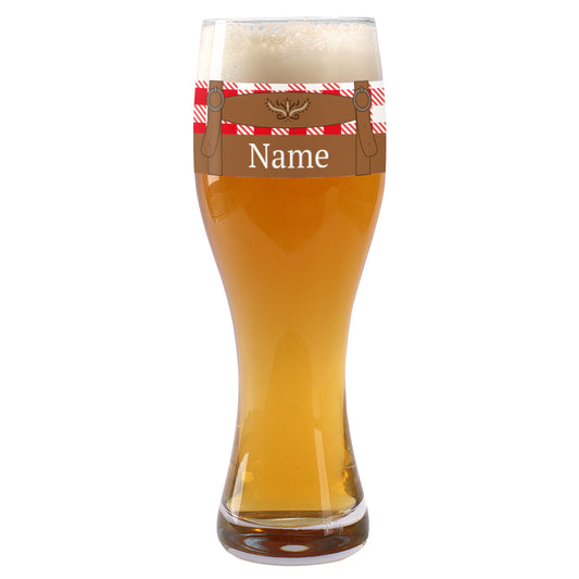 Bedrucktes Weizenglas mit Lederhose und Name
