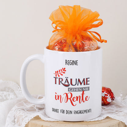 Bedruckte Tasse zur Rente mit Lindor-Kugeln