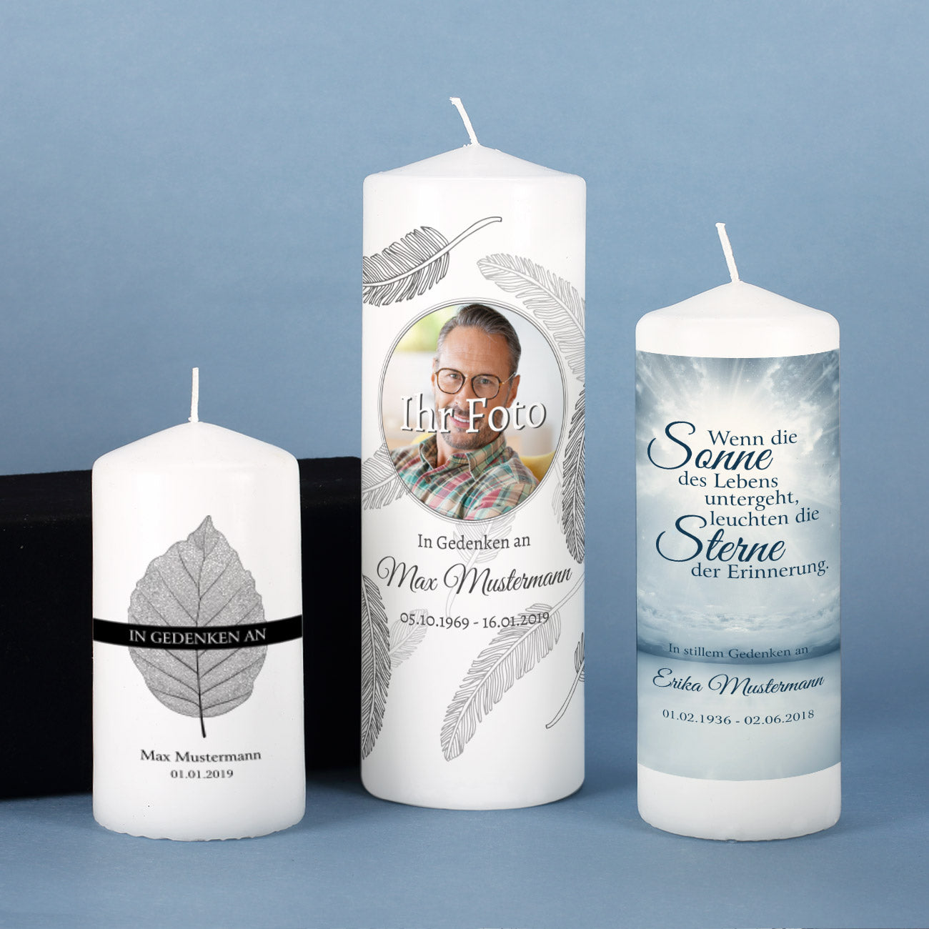 Musterpaket: Kerze S, Kerze M, Kerze L, Windlicht weiß und schwarz, Schieferkreuz