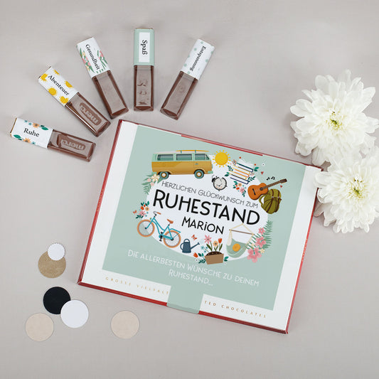 Aufkleberset mit Name und Wunschtexten für Merci zum Ruhestand