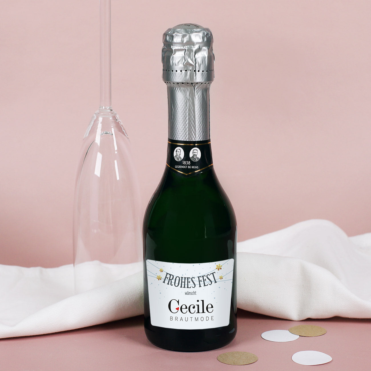 Kleine Sektflasche "Frohes Fest" mit Firmenlogo