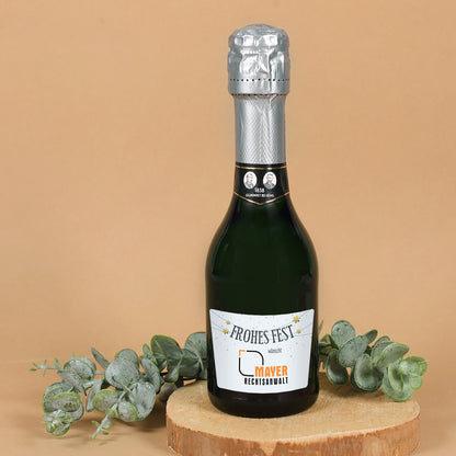 Kleine Sektflasche "Frohes Fest" mit Firmenlogo