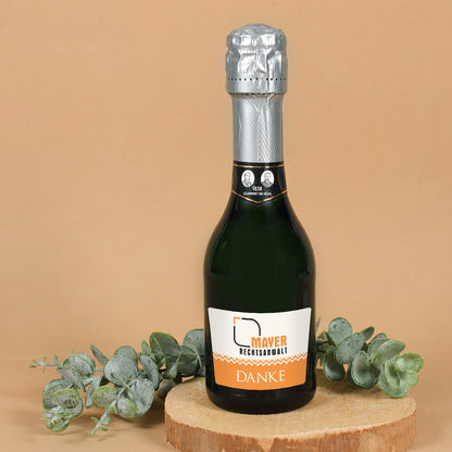 kleine Sektflasche - "Danke" und Firmenlogo