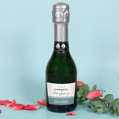 kleine Sektflasche - "Danke" und Firmenlogo