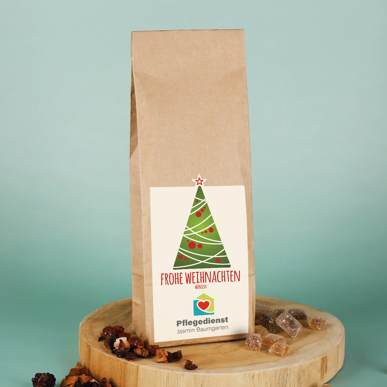 Früchtetee zum Fest mit einer individuellen Beschriftung und Logo