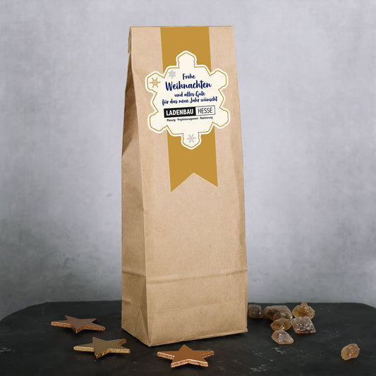 Früchtetee zu Weihnachten mit Etikett und Logo