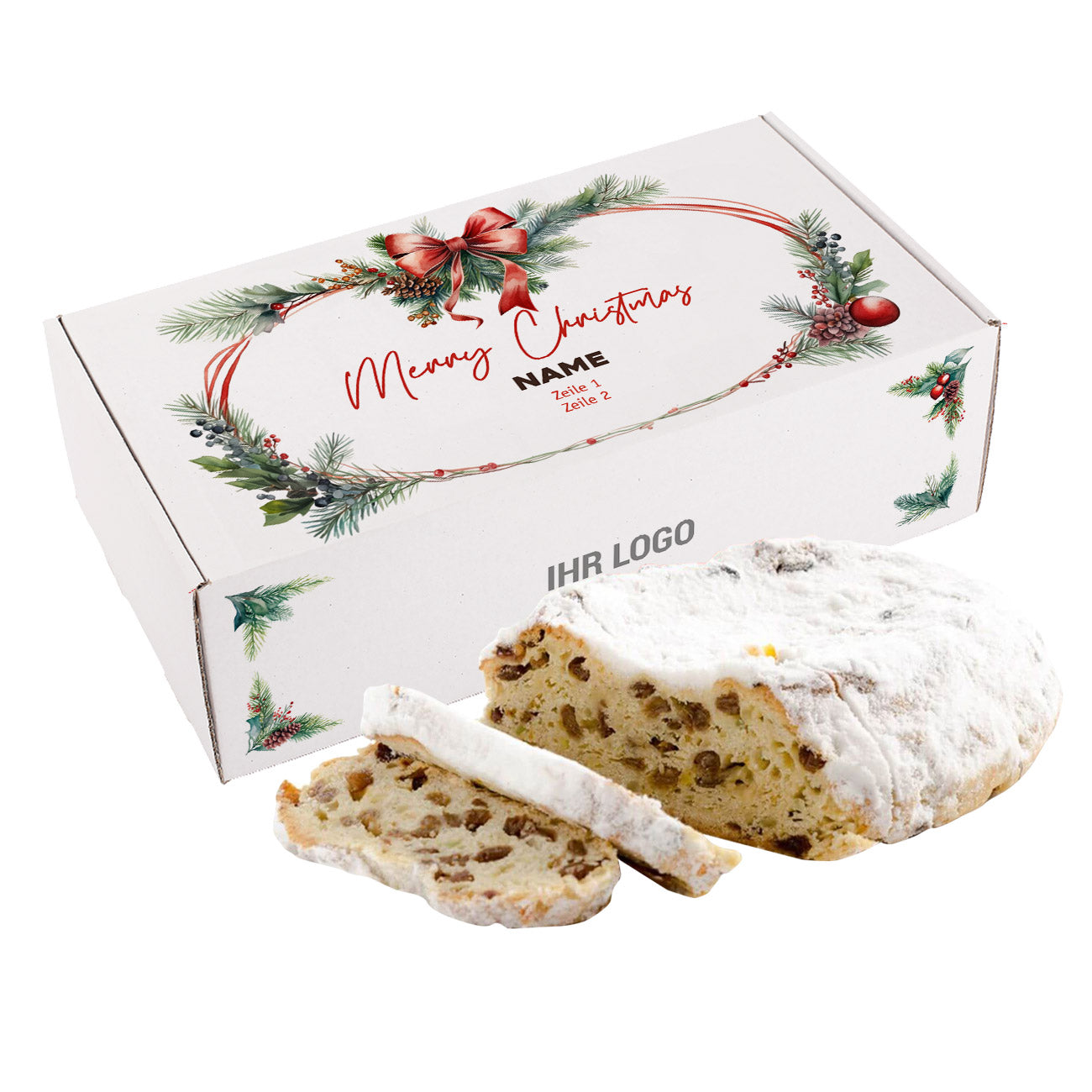 Weihnachtsstollen in weihnachtlicher Verpackung mit Personalisierung