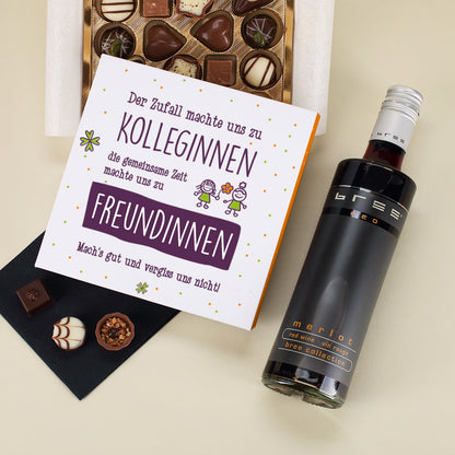 Kolleginnen-Abschiedsgeschenk im Set mit Lindt Pralinen und Wein in Geschenkbox