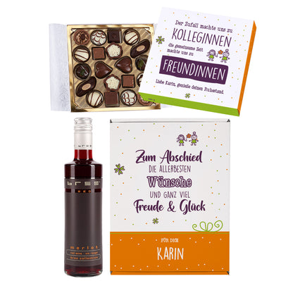 Kolleginnen-Abschiedsgeschenk im Set mit Lindt Pralinen und Wein in Geschenkbox