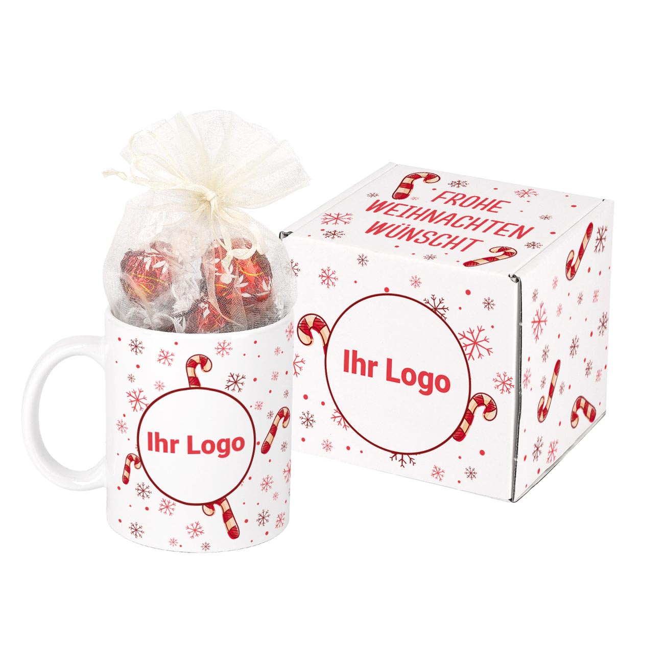 Süßes Weihnachtspräsent - Tasse gefüllt mit Lindor-Kugeln und Geschenkverpackung