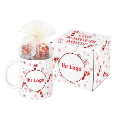 Süßes Weihnachtspräsent - Tasse gefüllt mit Lindor-Kugeln und Geschenkverpackung