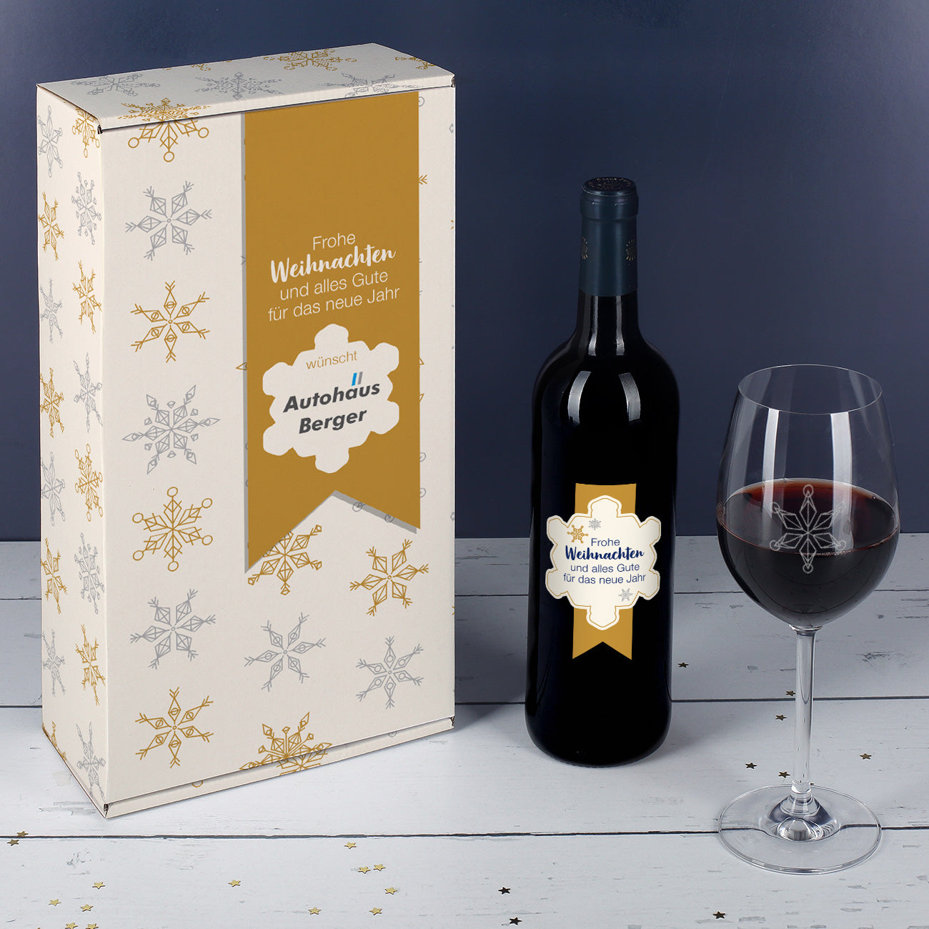 Weihnachtliches Geschenkset mit Schneeflocken und Ihrem Firmenlogo