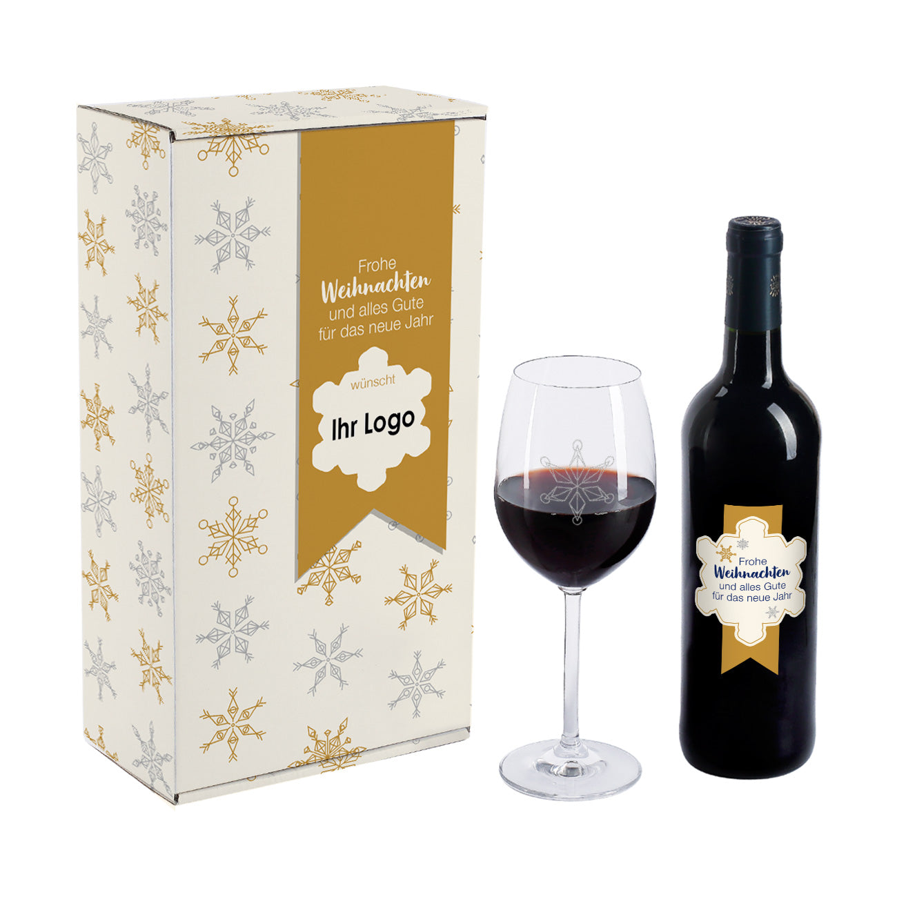 Weihnachtliches Geschenkset mit Schneeflocken und Ihrem Firmenlogo