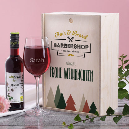 Geschenkset zu Weihnachten mit Holzbox, Weinglas und Wein