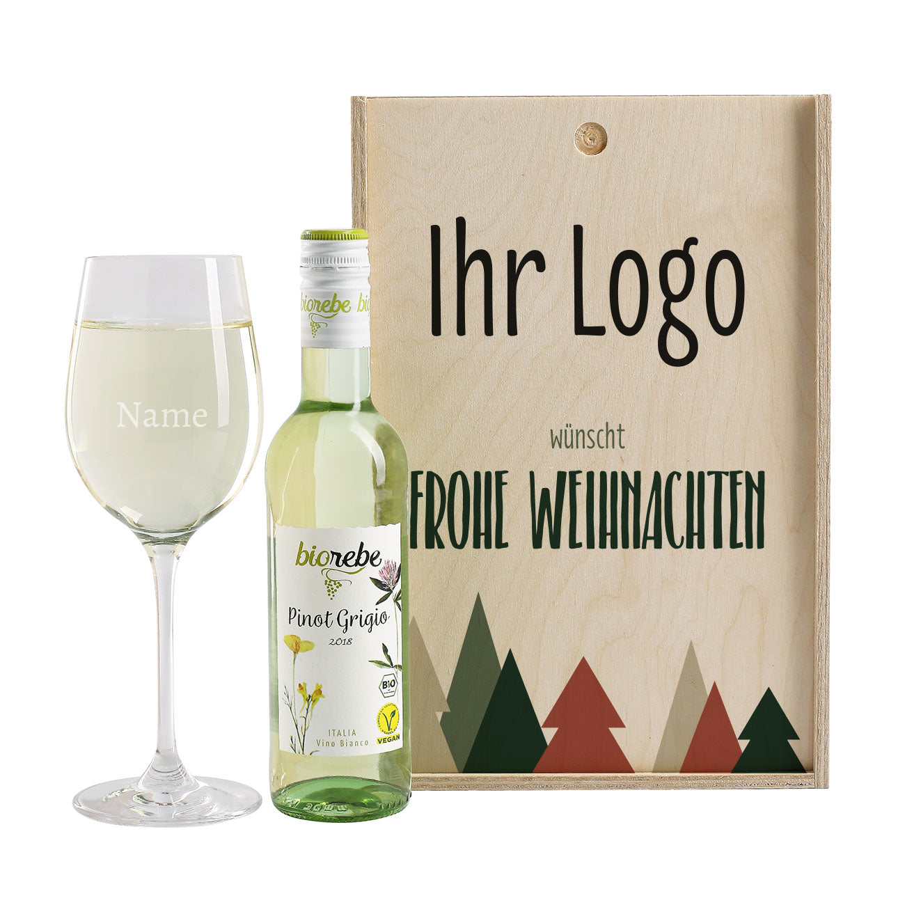 Geschenkset zu Weihnachten mit Holzbox, Weinglas und Wein