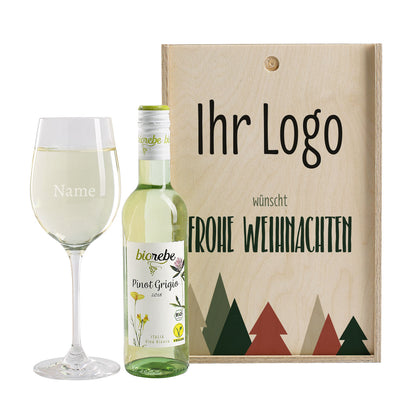 Geschenkset zu Weihnachten mit Holzbox, Weinglas und Wein